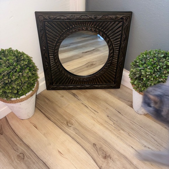 None Other - Square Dark Wood Sunburst Wall Mirror Ornate Leaf Vine Frame 14x14 Round Center
